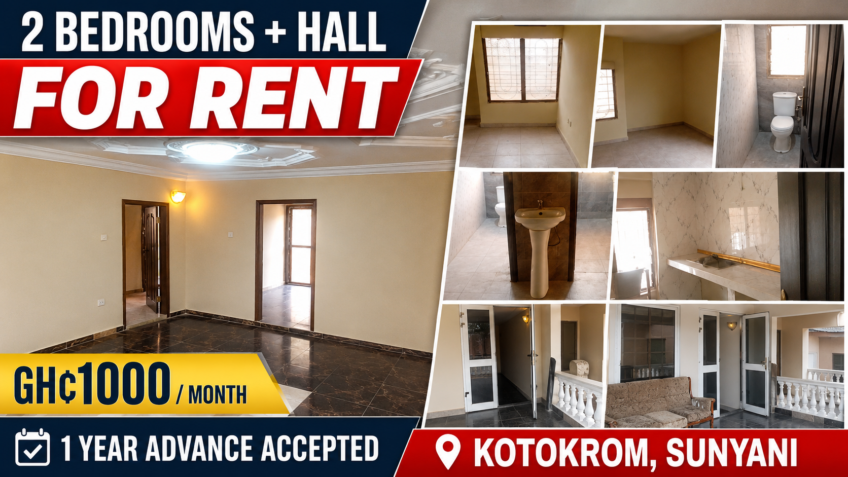 2-Bedroom Apartment with Hall for Rent at Kotokrom, Sunyani