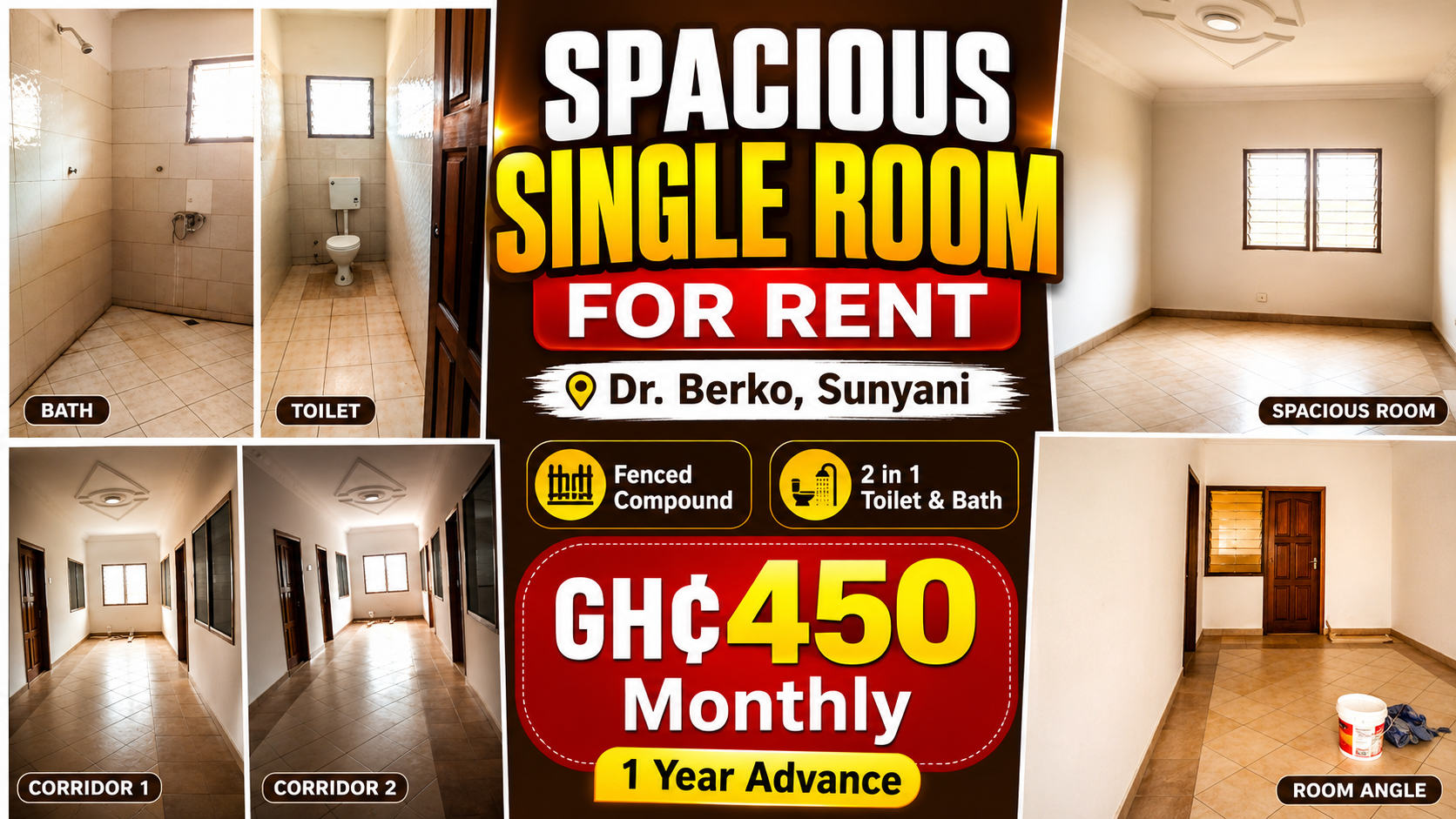 Spacious Fenced Single Room for Rent at Dr. Berko, Sunyani