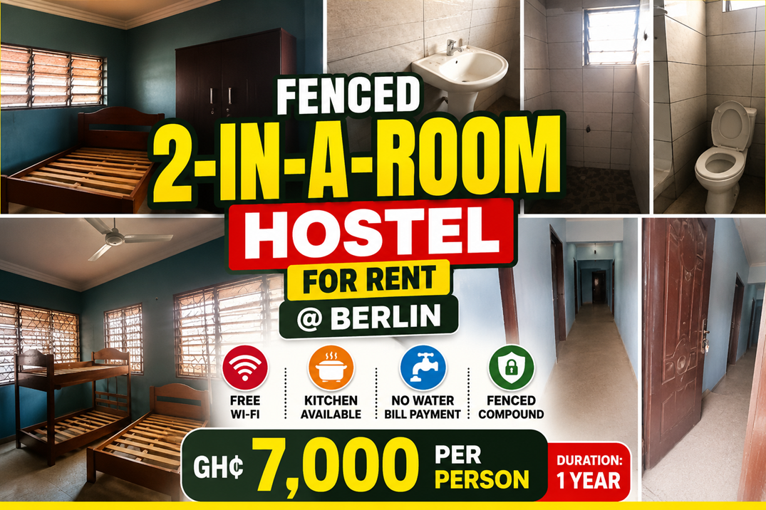 Fenced 2-in-a-Room Hostel for Rent at Berlin – GH¢7,000 Per Person (1 Year) | Free Wi-Fi