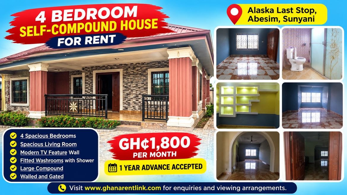 Executive 4 Bedroom Self-Compound House for Rent at Alaska Last Stop, Abesim – Sunyani in Alaska Last Stop, Abesim, Sunyani, Bono Region, Ghana
