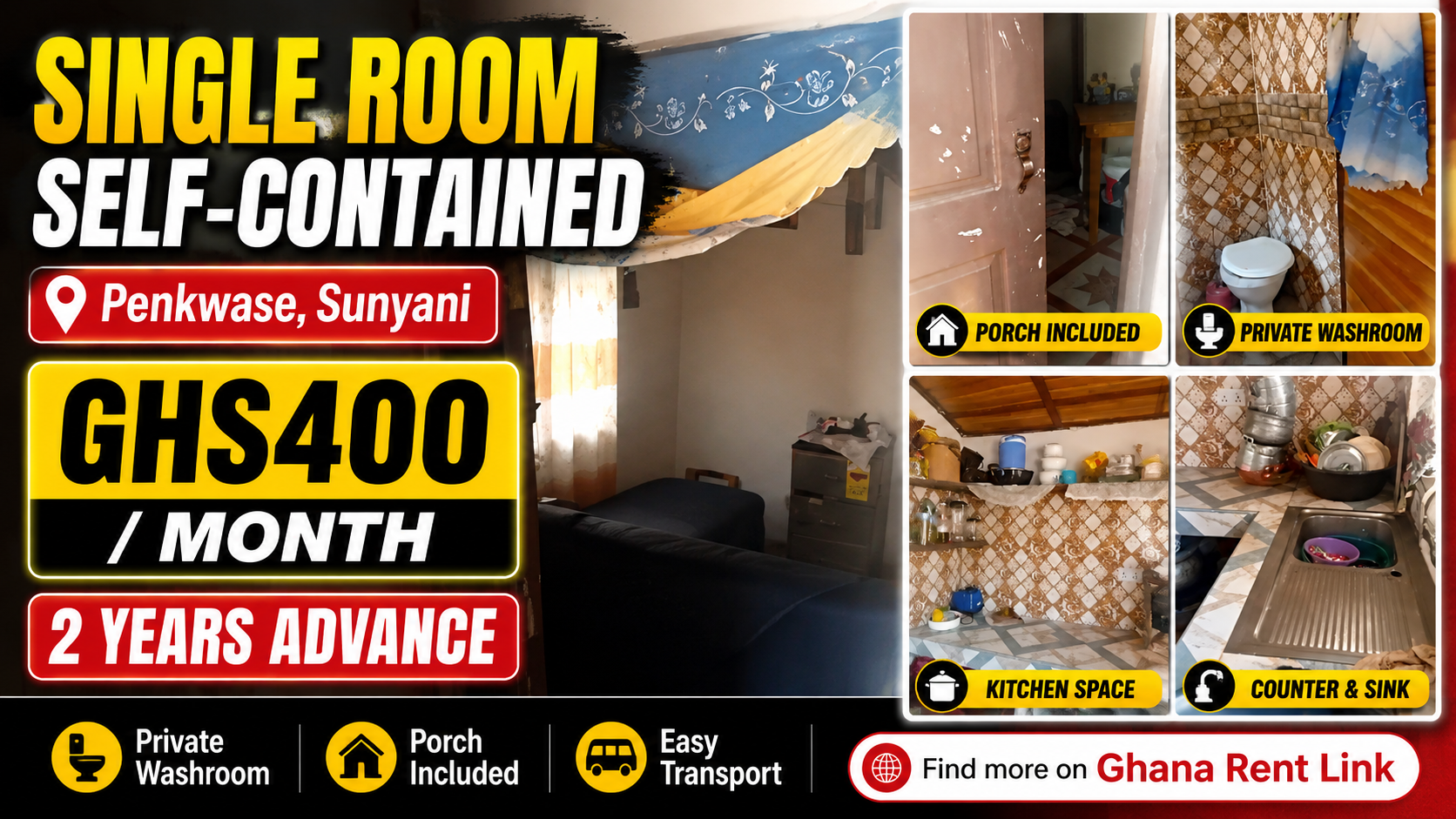 Single Room Self-Contained with Porch in Penkwase, Around Wednesday Market Area, Sunyani, Bono Region, Ghana