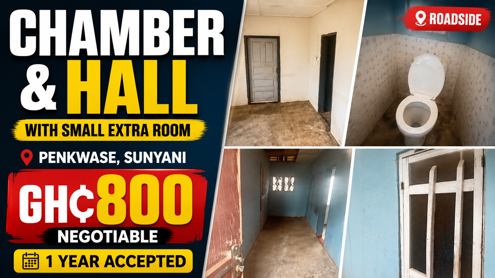 Chamber and Hall with Extra Room for Rent at Penkwase, Sunyani
