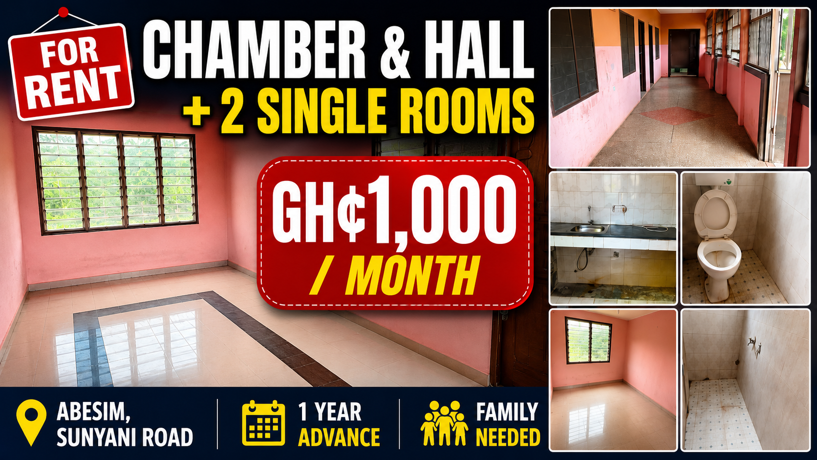 Chamber and Hall with Two Single Rooms for Rent at Abesim, Sunyani